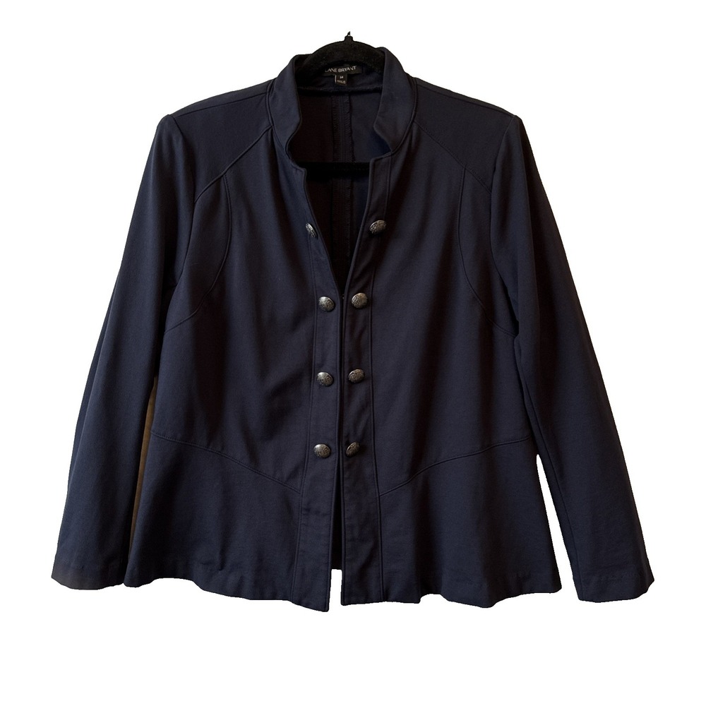 Lane Bryant Military Blazer Jacket Navy Blue Knit Peplum Structured Coat 14 Chic